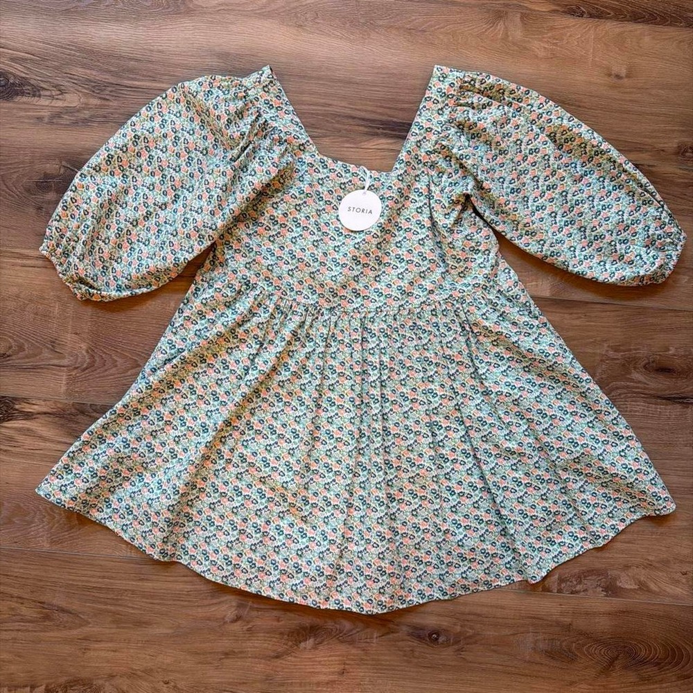 Storia Floral Babydoll Dress NWT Ditsy Floral Puff Sleeve Green Cottagecore SZ S